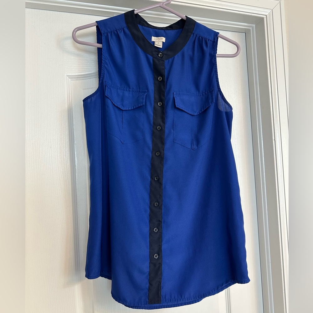 J Crew Factory sleeveless blue blouse, size 6.  Colbalt blue with navy trim.